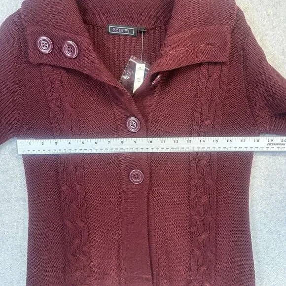 Effeci Womens Sweater Cardigan Medium Maroon Cable Knit Button Wide CollarNWT - Picture 8 of 11